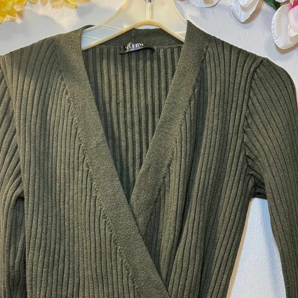 Women's Ribbed Wrap Tie Cardigan - Dark Olive